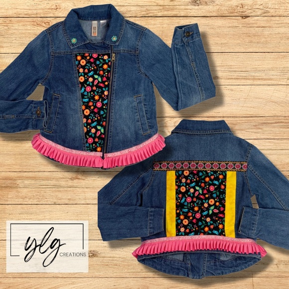 Route 66 Denim Jacket Jean Floral Blue Black Pink Ruffle Metallic Boho Large - Picture 1 of 16